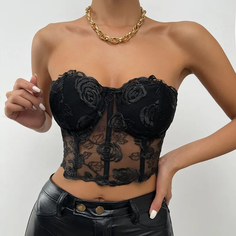 2022 Wholesale Sexy Strapless Lace Tops Summer Corset Cami Crop Tops for Women Sleeveless Sheer Cupped Backless Tank Top