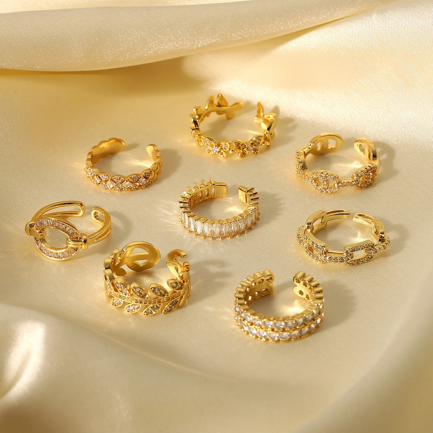 18K Gold Plated Cubic Zirconia Rings Adjustable Open Cz Zircon Stone Paved Stackable Eternity Wedding Band Ring /
