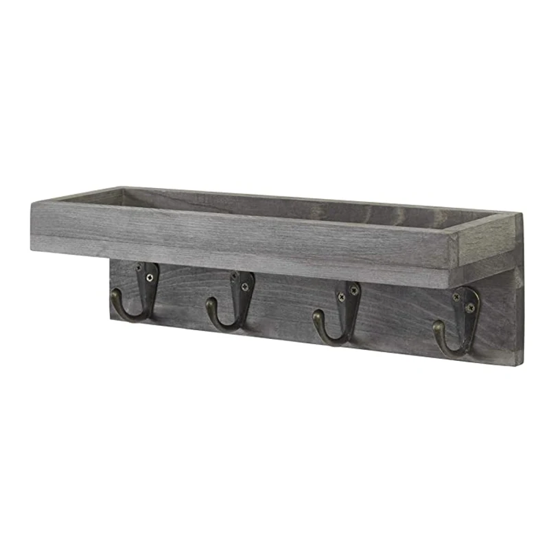 Floating Shelf Vintage Grey Wood Wall Mounted Entryway or Office Shelves with 4 Antique Metal Hooks Wooden Key Rack