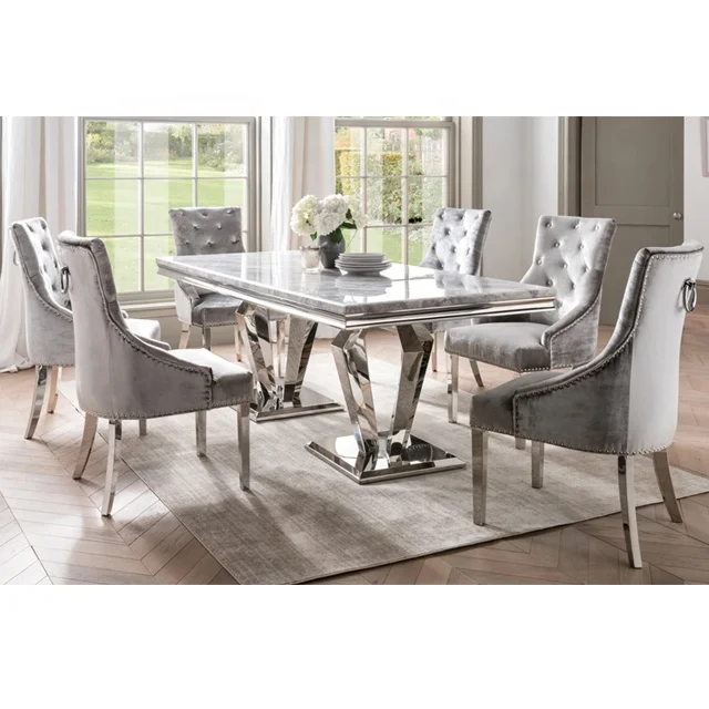 
20.m Grey Solid Marble Dining Table Set + Velvet Chairs 