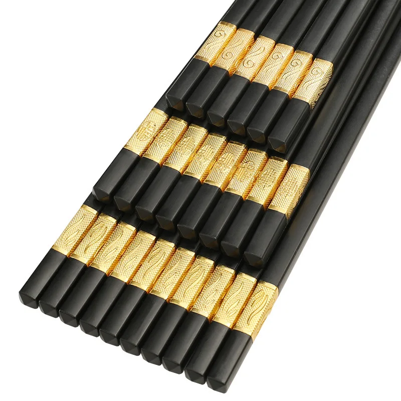 24cm Black Plastic Chopsticks with 2cm Metal Tube Golden Silver Stamped Pattern Noodle Bowl Chopsticks Tableware Usage