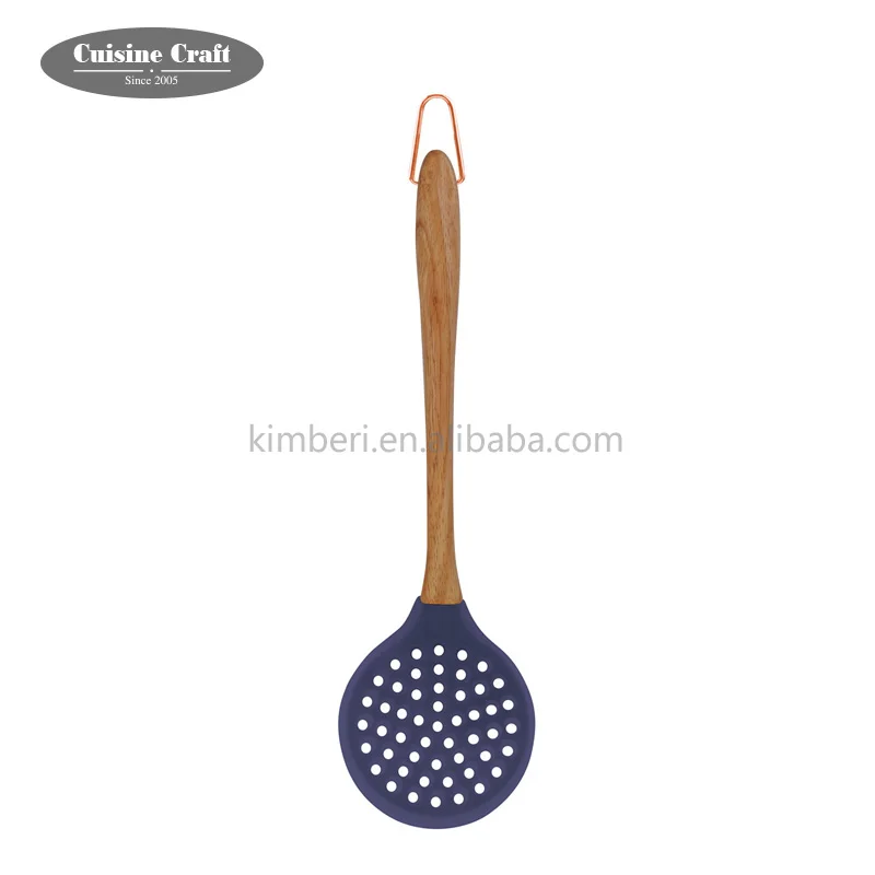 Standard Heat Resistant factory stock item cooking kitchen Silicone skimmer with wooden handle