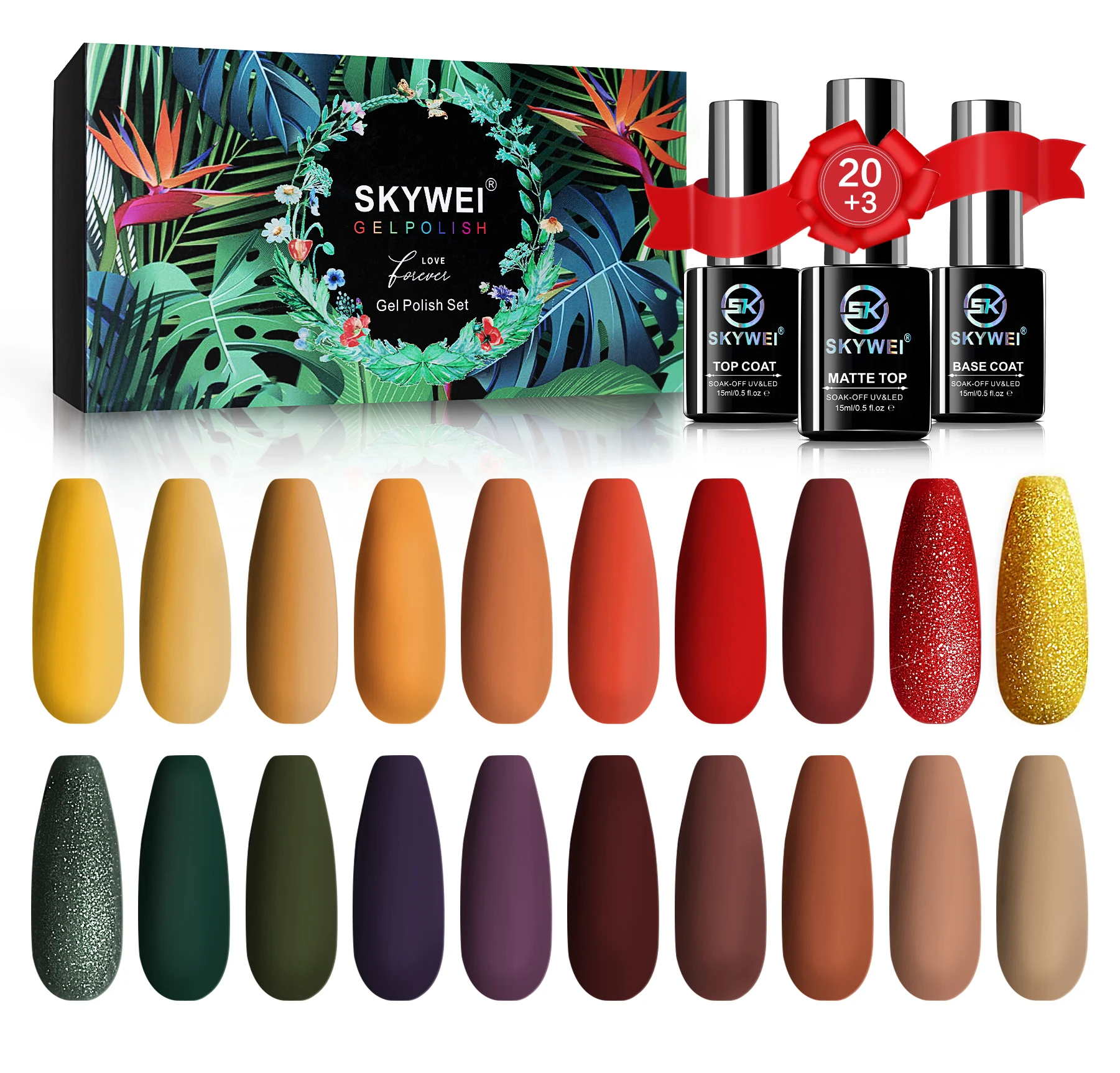 Skywei 23 pcs  gel polish and base top coat nail gel polish kit UV gel