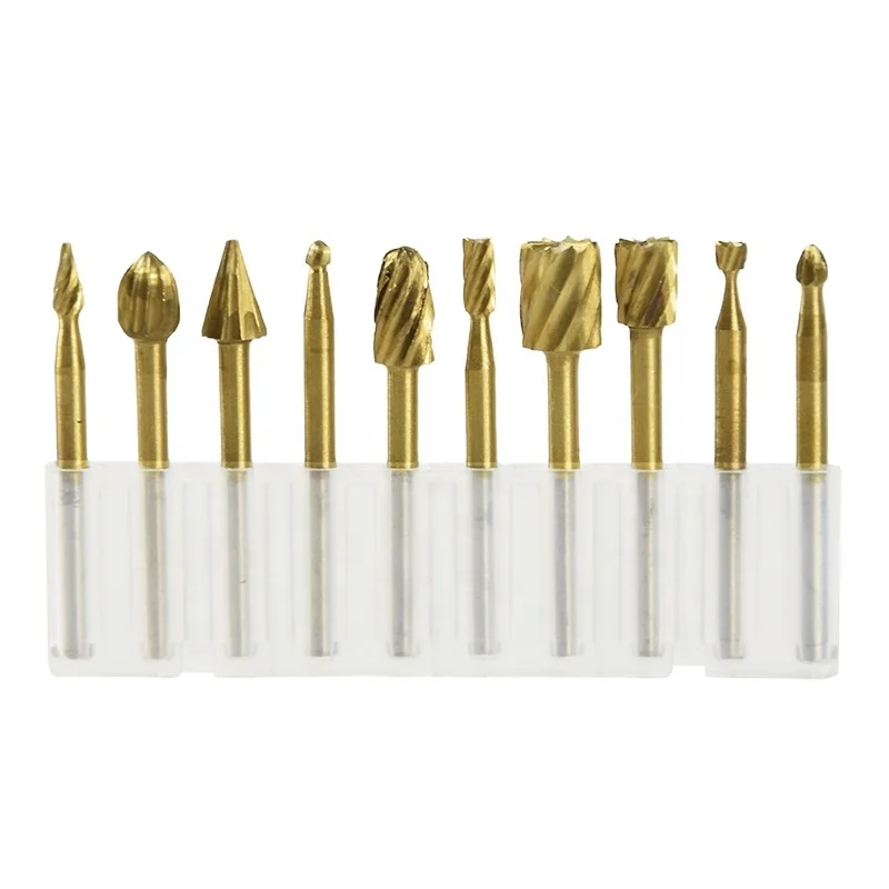 10Pcs 3MM high speed steel Titanium plating Woodworking Rotary Burr Set File Rasp Drill Bit for Wood Carving