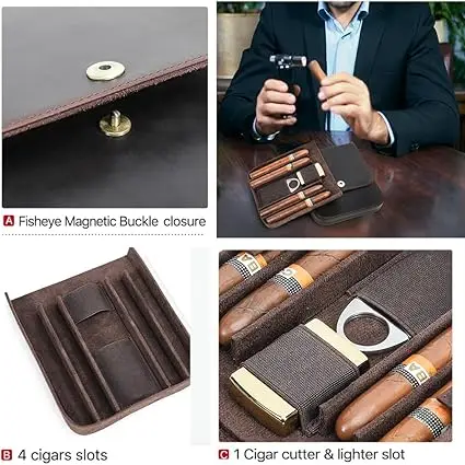 Contacts 4 Slot Cigar Case Travel Full Grain Leather Cigars Humidor Box Portable Cigar Accessories