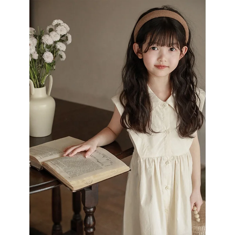 Girls Summer Turn-down Collar Sleeveless Single Breasted Shirt Dress Solid Cotton A-line Dress Wholesale Kids Girls Prince Dress