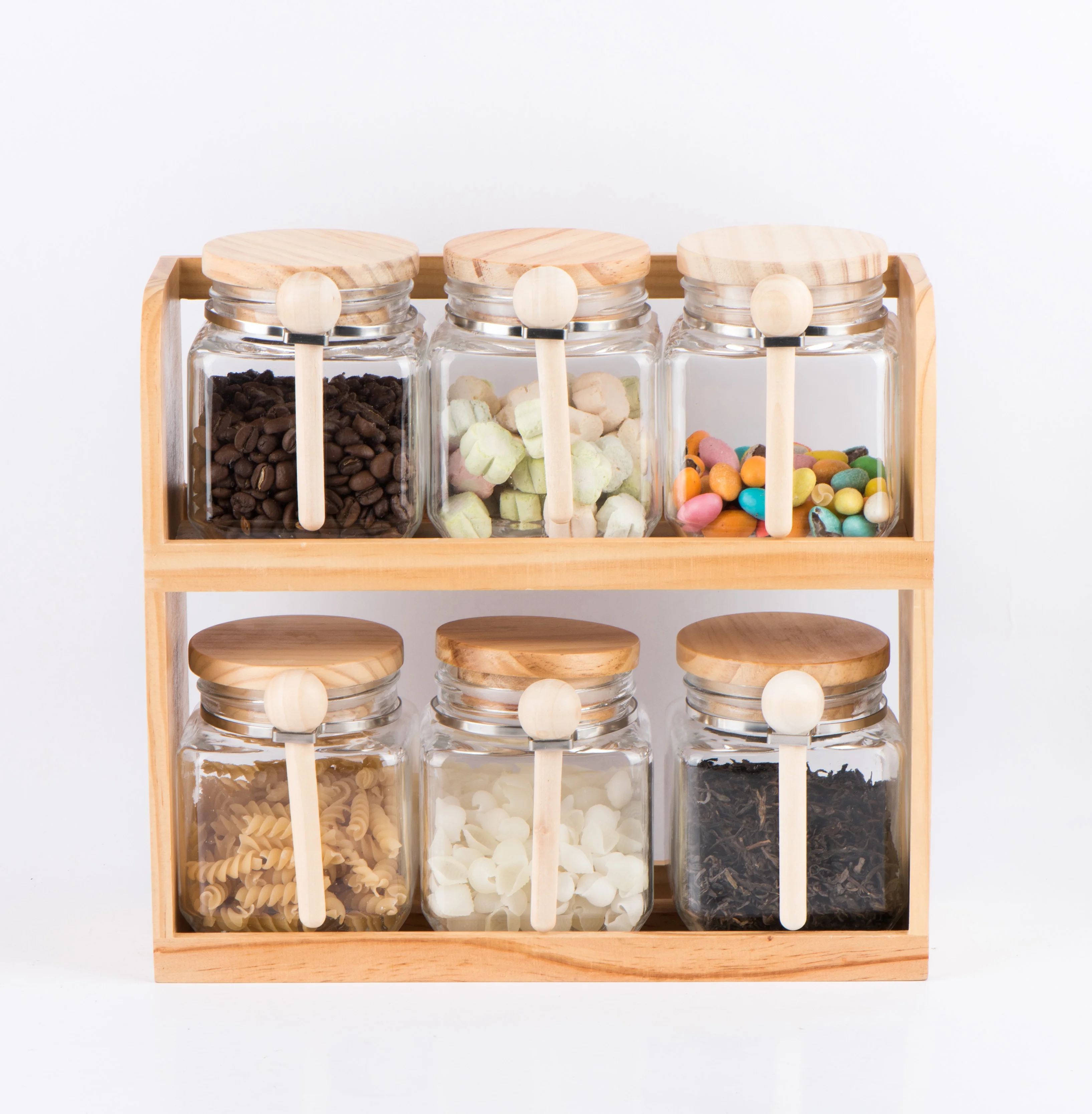 CP171W 6pcs 500ml square Glass Food Storage Jar  Candy Jar with Wooden Lid and Spoon and Wooden Rack