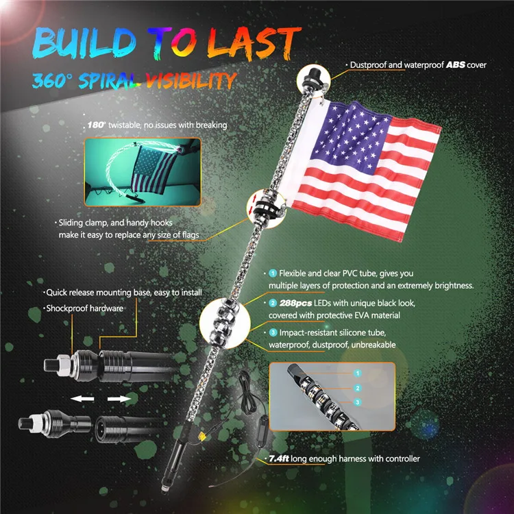 Remote Control Antenna Whips Lamp Accessories RGB 360 Degree Spiral LED Whip Lights for UTV Offroad Vehicle
