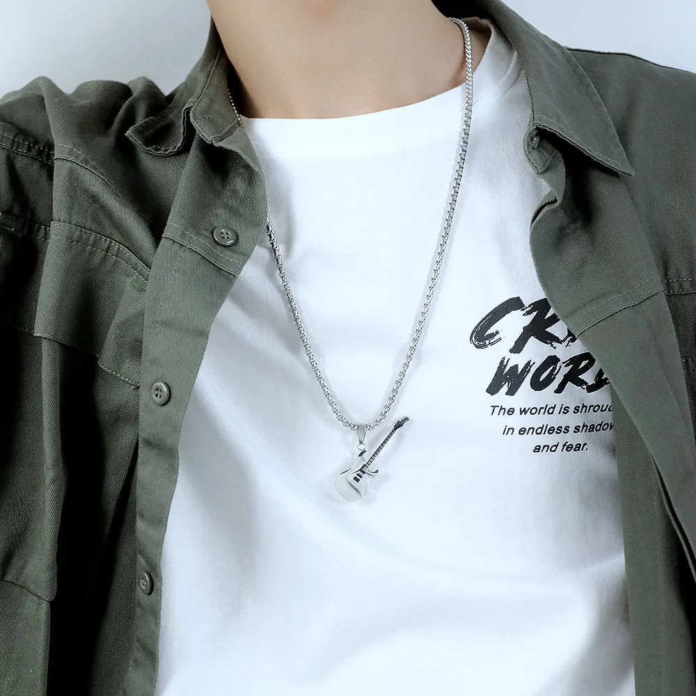 Personality trend European and American hip hop stainless steel street classic hip male guitar titanium steel necklace