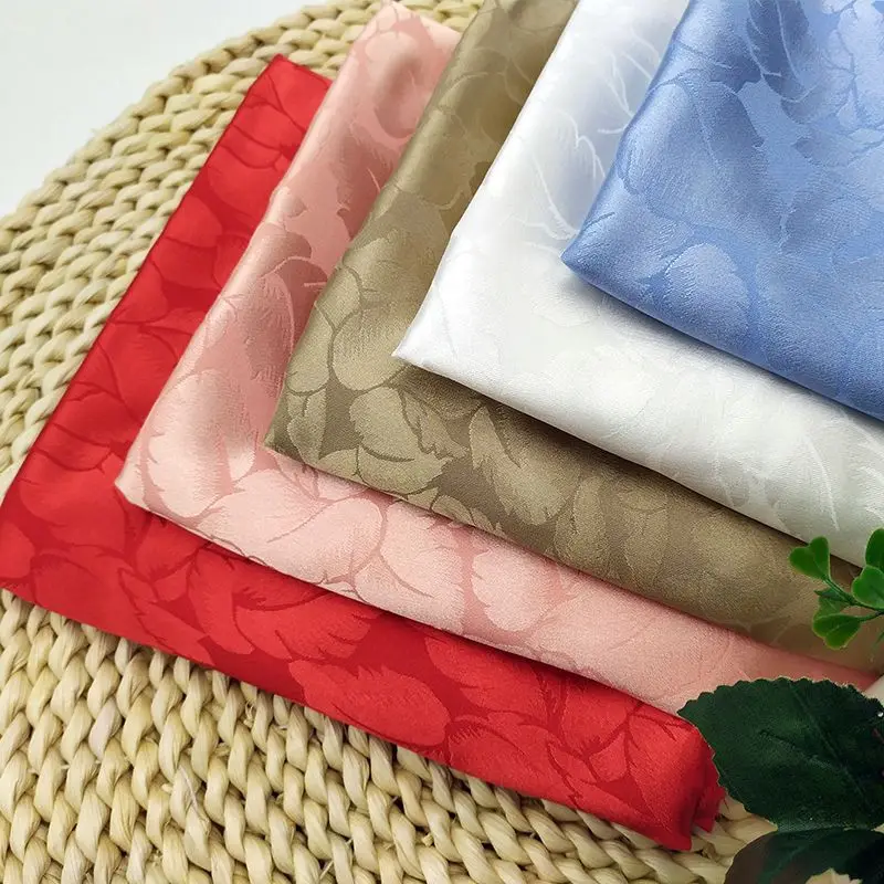 Low Price Fabric Supplier Design 50D Polyester Imitation Silk Satin Feather Jacquard Elastic Fashion Shirt Hanfu Lining Fabric