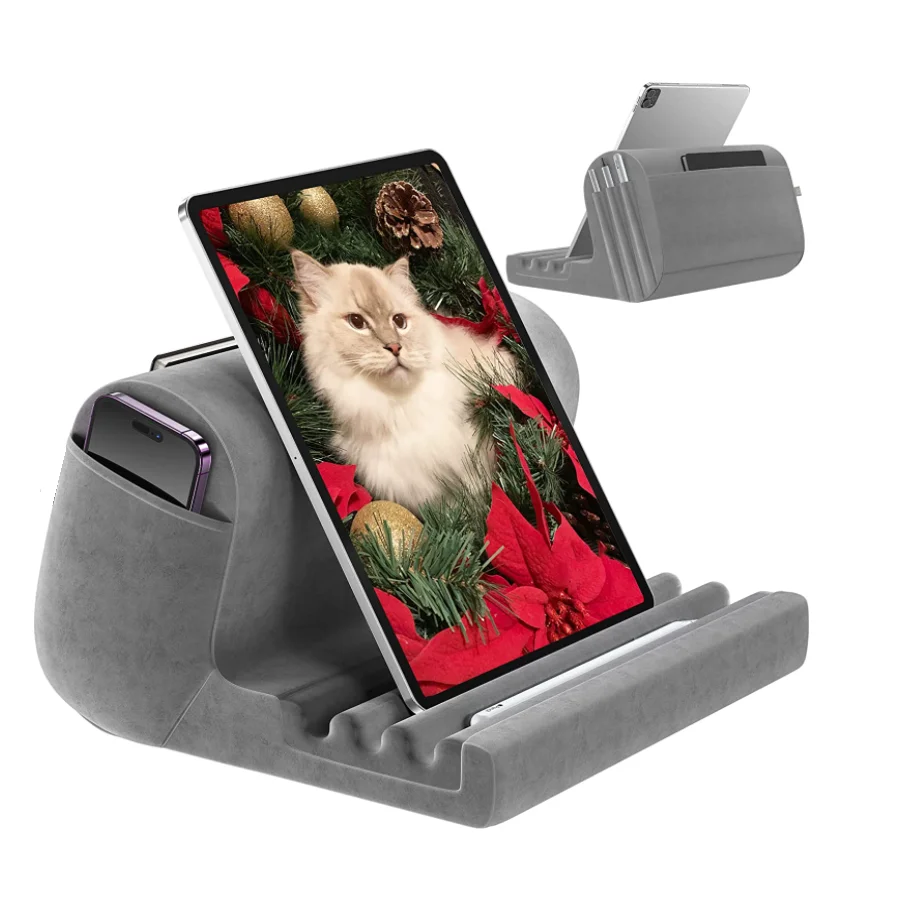 Tablet Pillow Holder Pillow Soft Pad for Lap Bed and Desk Tablet Stand Dock with 2 Pocket and 3 Stylus Mount