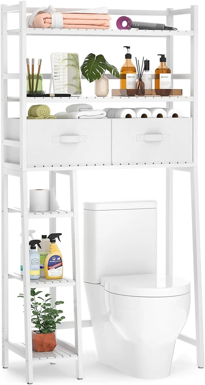 Storage Shelf with 2 Fabric Drawers, Bamboo Above Toilet Organizer Tower Rack with Toilet Paper Holder Stand,.