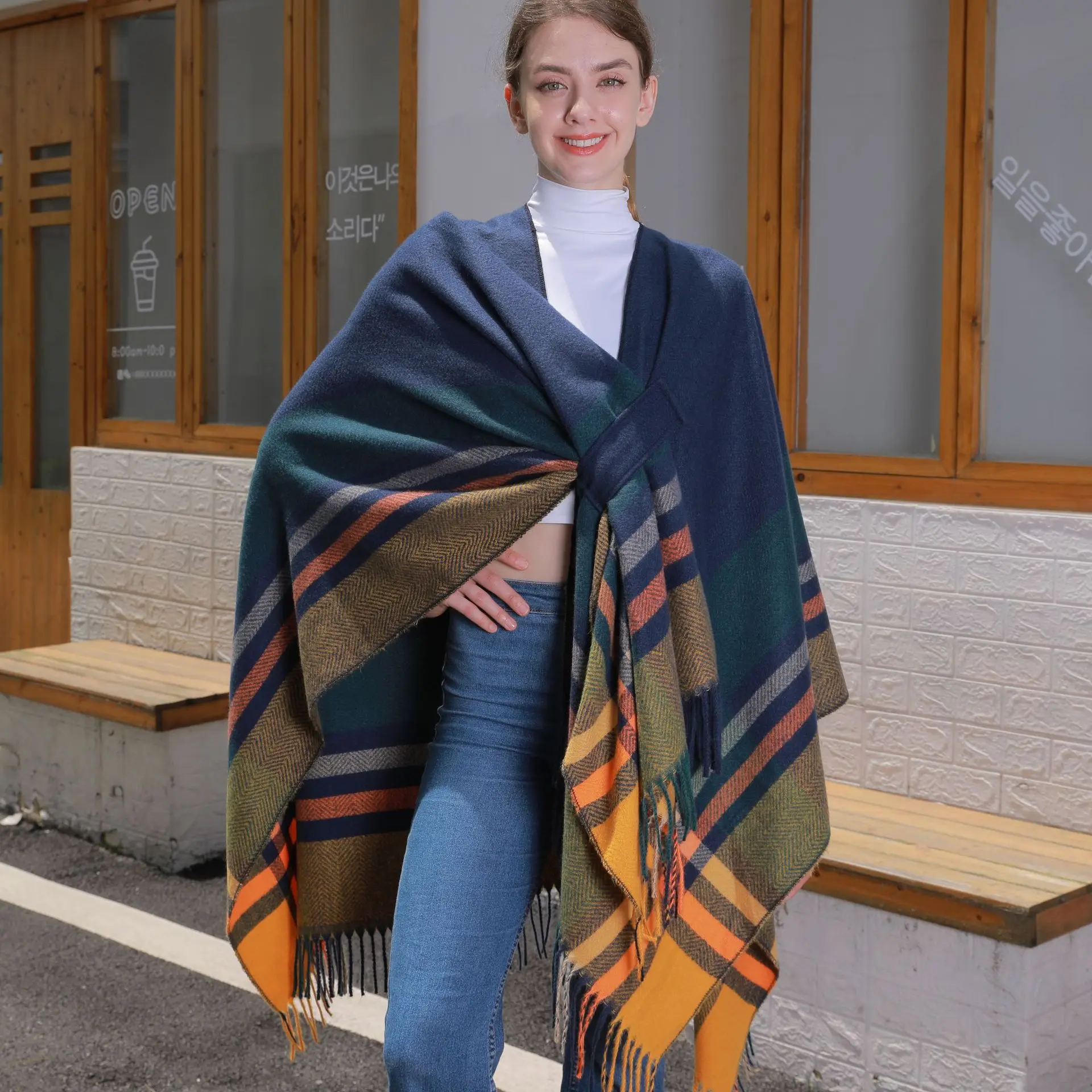 2024 New Product Winter Tassels Shawls Scarves For Women Warm Wrap Ponchos With Sleeves