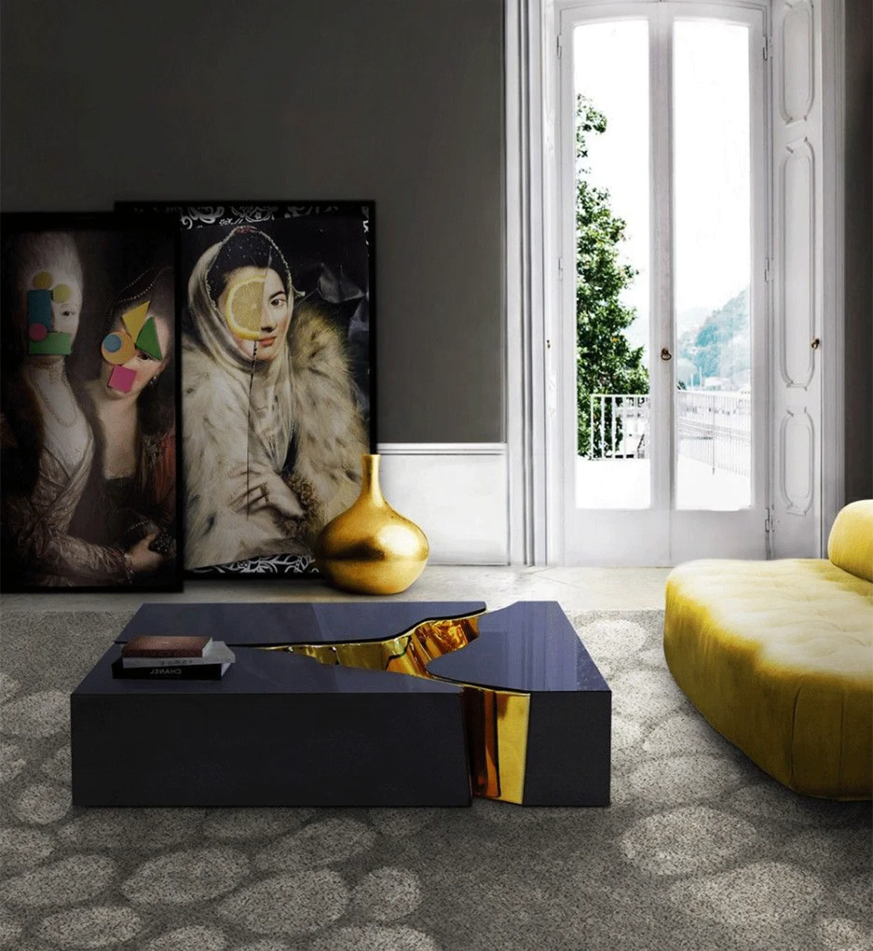 Luxury matching furniture marble top wooden coffee table Cracked stone design