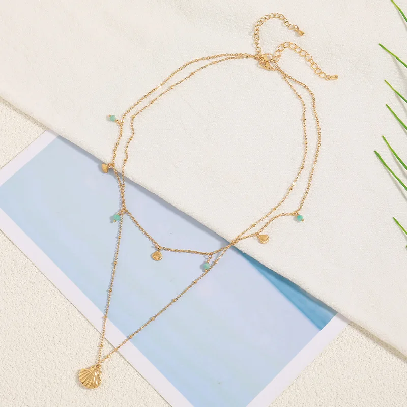 Wholesale Stainless Steel Turquoise Natural gemstone Shell Pendant Chain Necklace Boho Summer Fashion Jewelry
