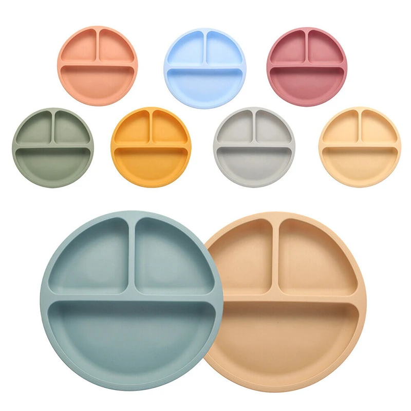 Factory Silicone Round Divided Plates Baby Eating Food Training Tableware Kids Dining Separated Suction Plate