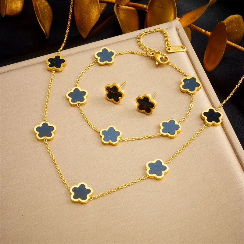 Trend Stainless Steel Shell Clover Jewelry Set Necklace Bracelet Earrings Set Women Girl Gold Plated Jewelry Set for Gift