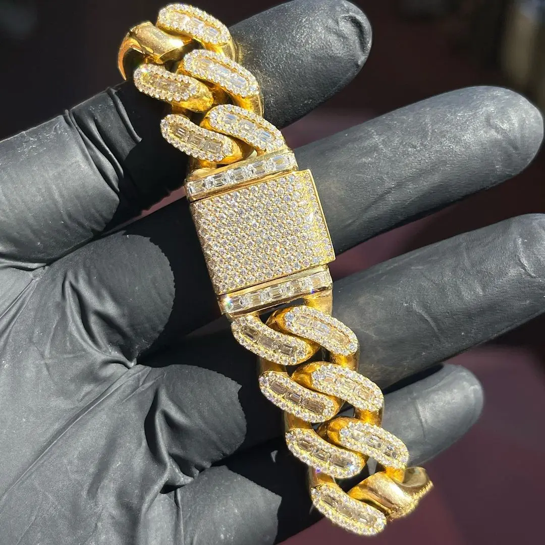 Custom Moissanite Chain Baguette Diamonds Iced Out Hip Hop Sterling Silver Custom Moissanite Cuban Bracelet