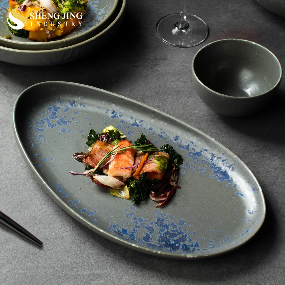 Shengjing Vintage Kiln Grey Speckled Ceramic Plate Set Dinnerware Restaurant Hotel Custom Irregular Crockery Porcelain Tableware