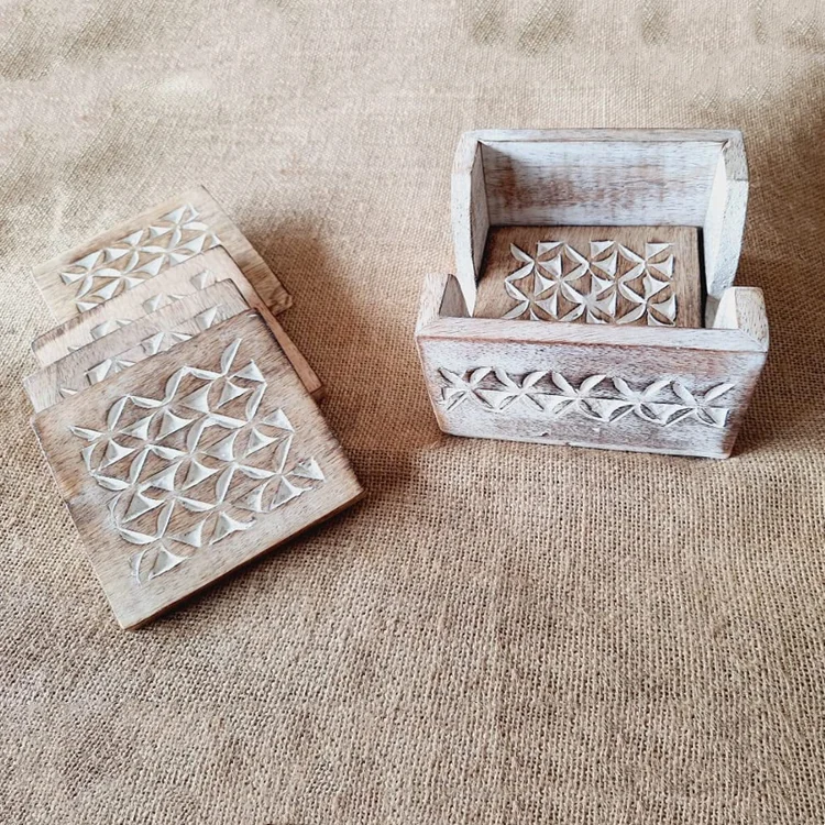 Custom hand made mango wood carefully designed set of 4 wood coasters holder