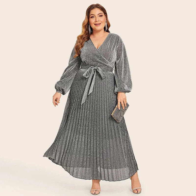 Yindian OEM Fashion party evening dress Ladies long bishop sleeves Shiny Pleated With Belt plus size Dress