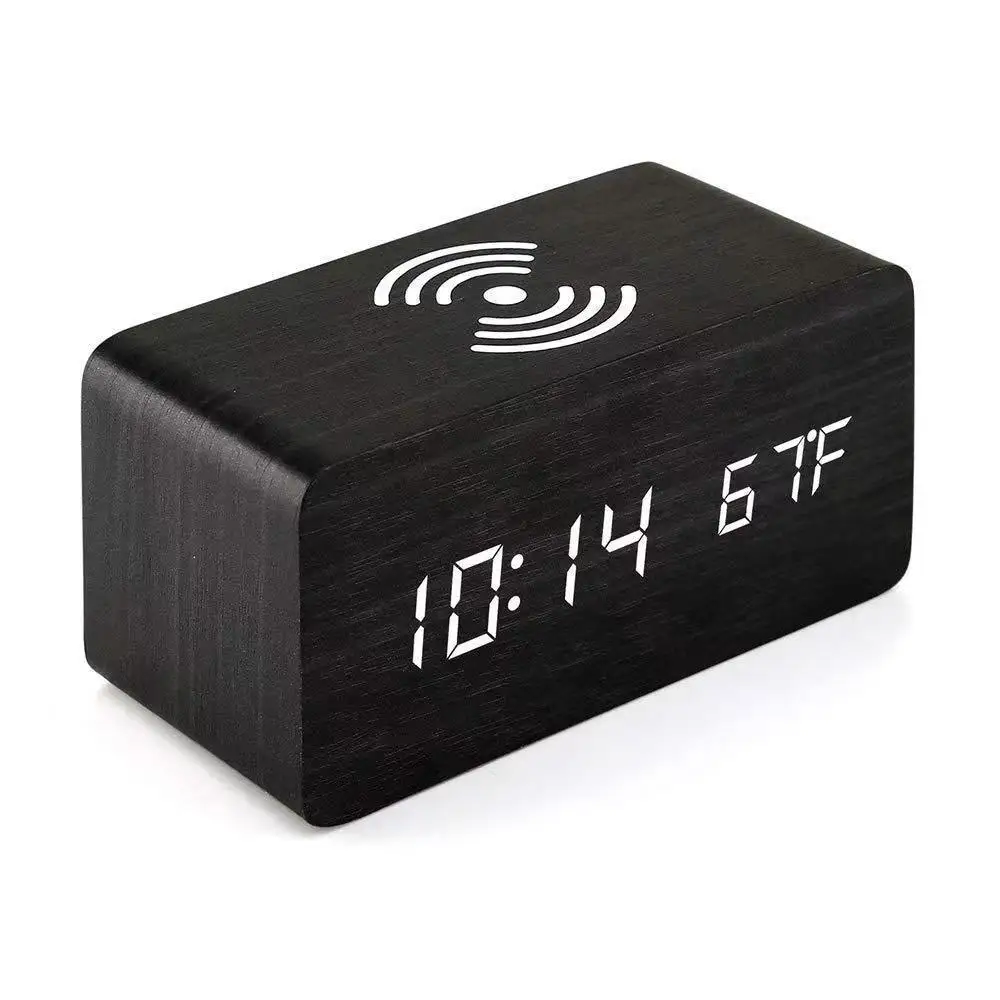 Wooden Led Alarm Clock Wireless Charger Charging Clock Led  Small alarm clock with wireless charging