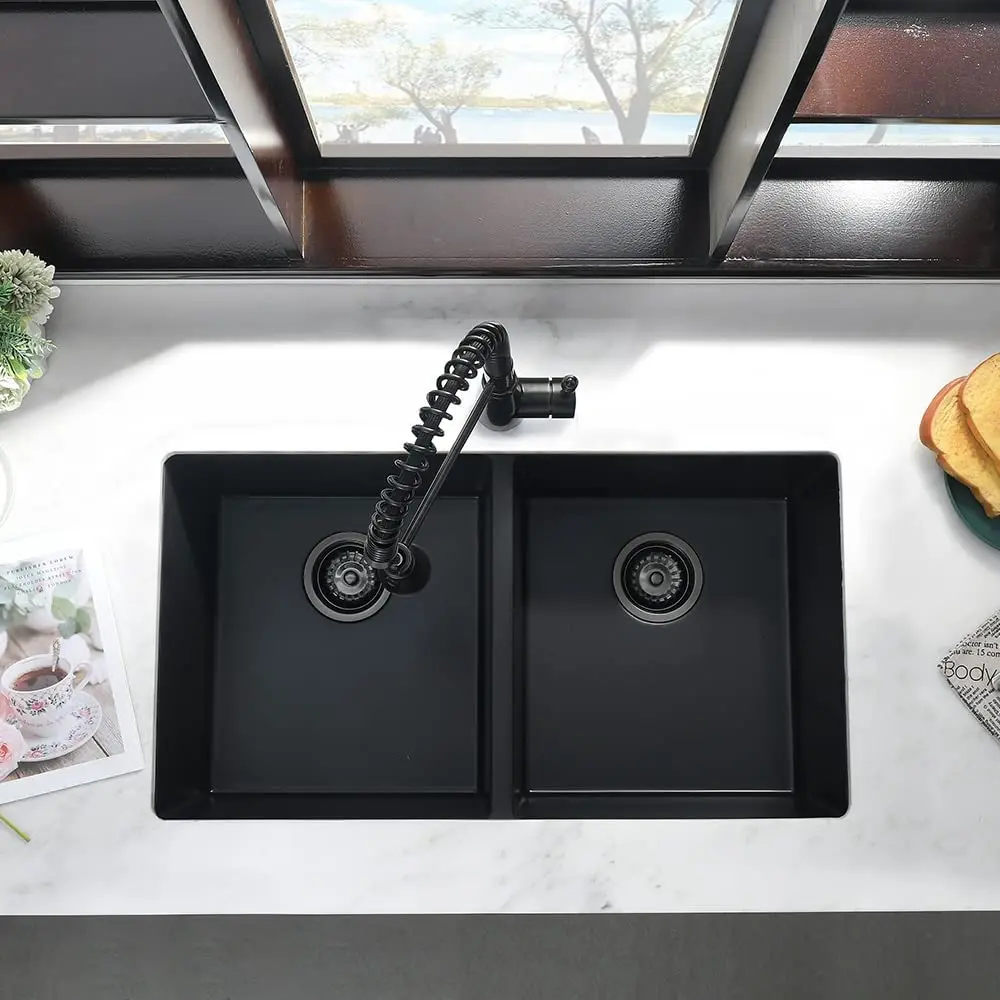 Black Quartz Kitchen Sink Undermount Composite Undermount Granite 50/50 Double Sink