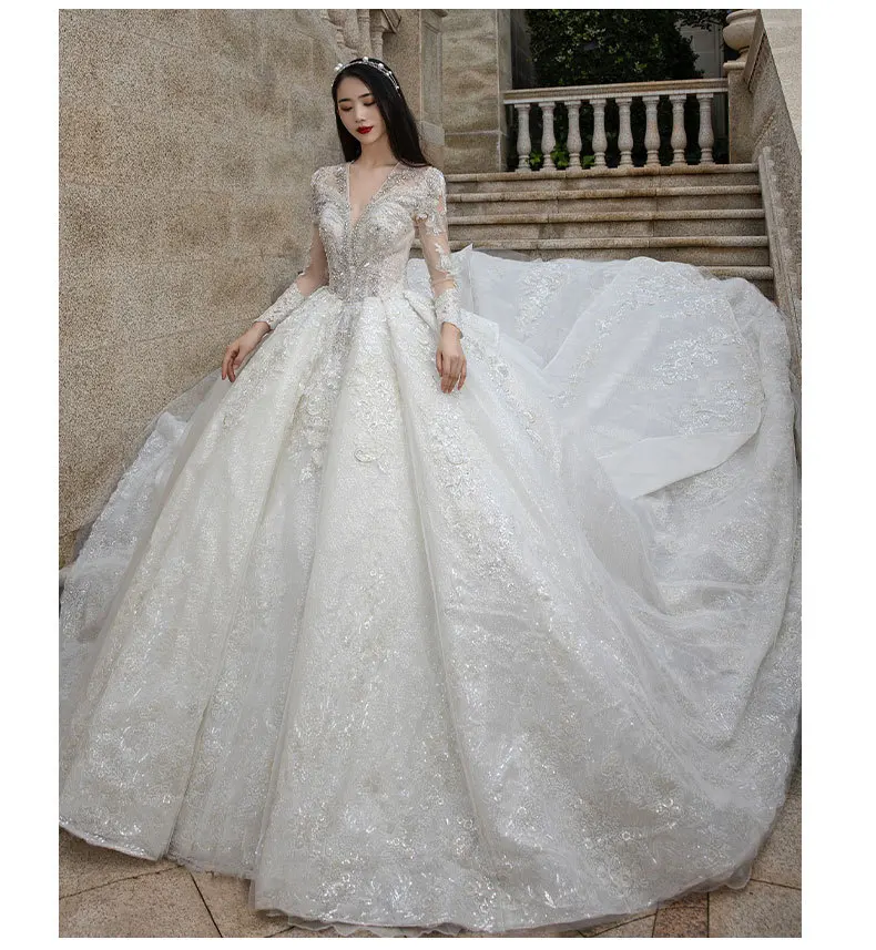 Heavy industry wedding dress spring bride V-neck senior sense big tail engagement banquet net red style long-sleeved dress