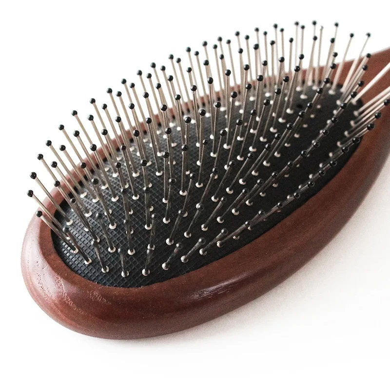 
Oval wooden metal bristle pins detangling hair brush cushion detangler for hair 