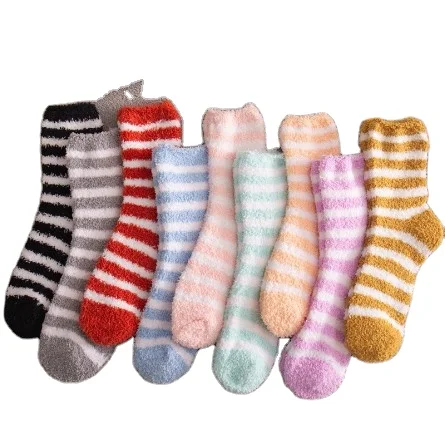 Warm Thicken Colorful Stripes Women Tube Winter Fluffy Socks Sleeping Floor Crew Hosiery Home Cozy Socks for Women