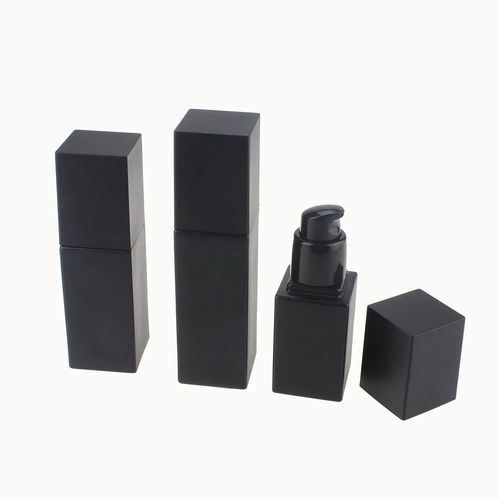 Black Cap 15ml 30ml 45ml Cosmetic Matte Black Glass Bottle with Lotion Pump, Square Black Empty Glass Pump Package for Skincare