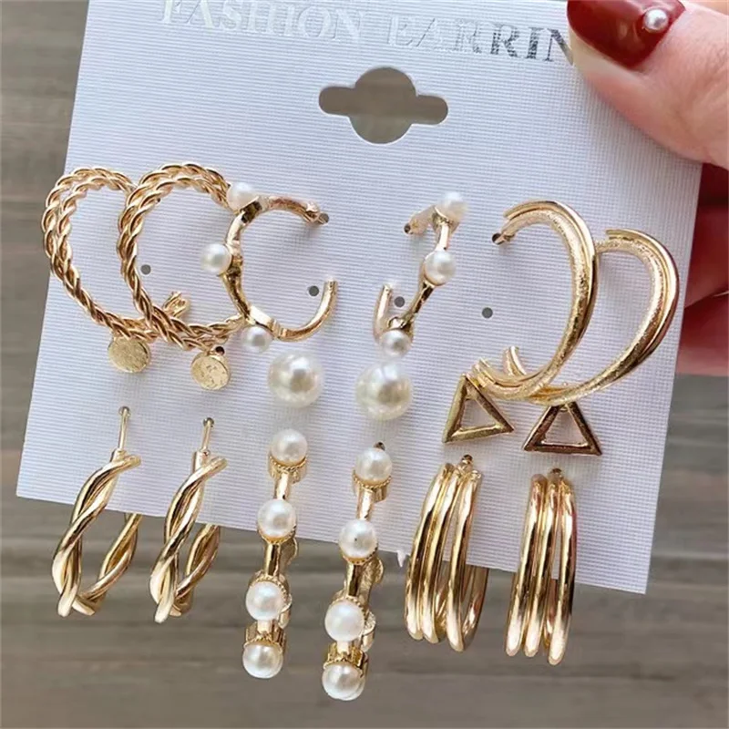 Vintage Geometric Gold Pearl Silver Plated Dangle Earrings Heart Butterfly Hoop Earrings set Fashion Women Jewelry Trendy