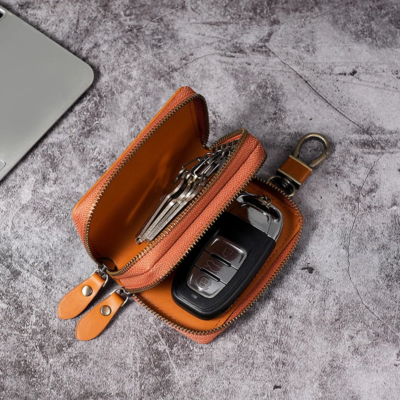 Genuine leather key case holder bag storage fashion with zipper protective shell mini car key cover customer logo
