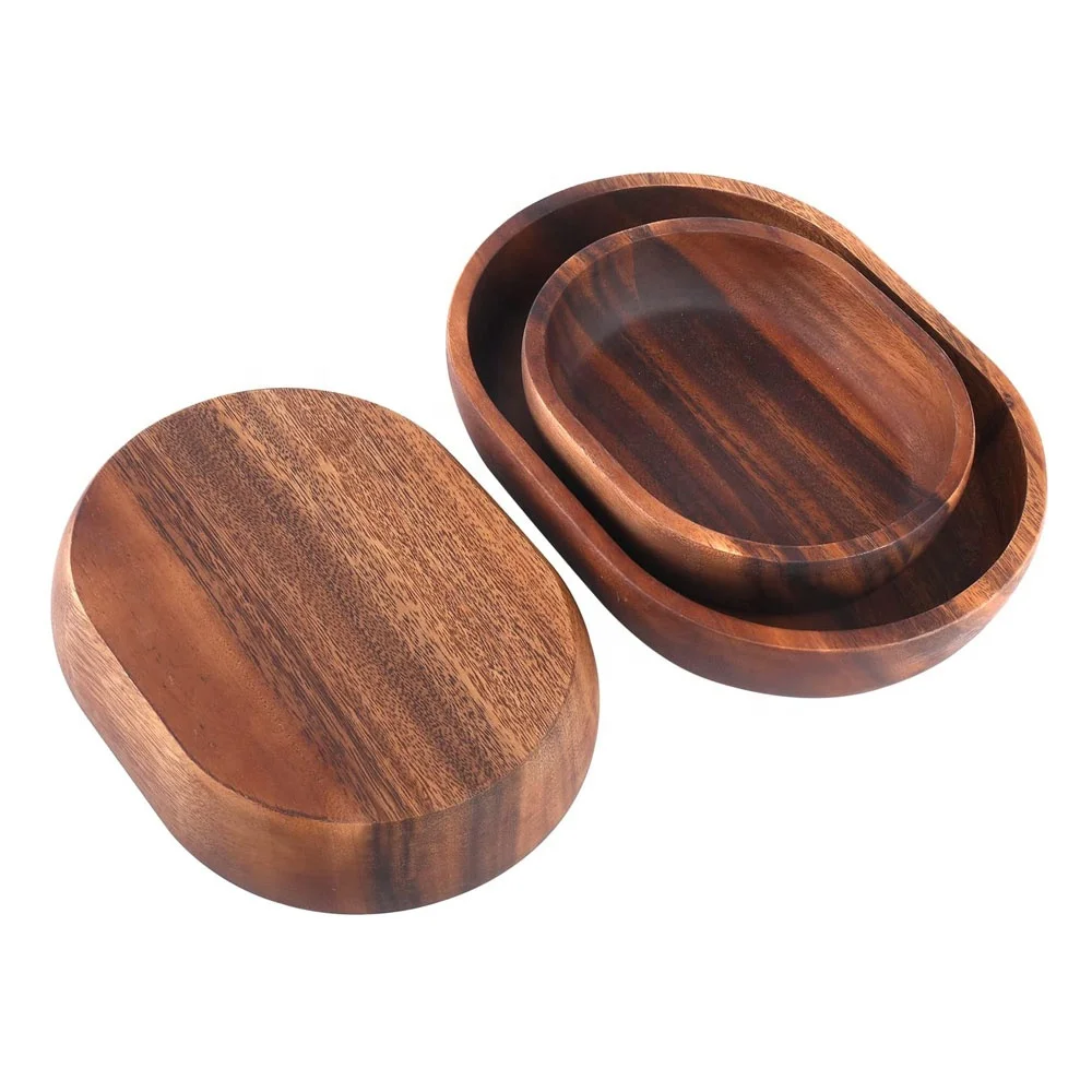 Wooden Salad bowl 3-piece Oval dessert display tray ideal for fruit food salad mixing and serving bowls