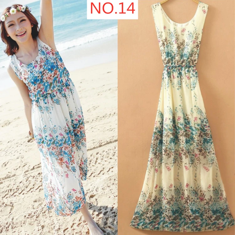 Wholesales Best-selling Bohemian long beach women dress floral chiffon seaside vacation vest dress