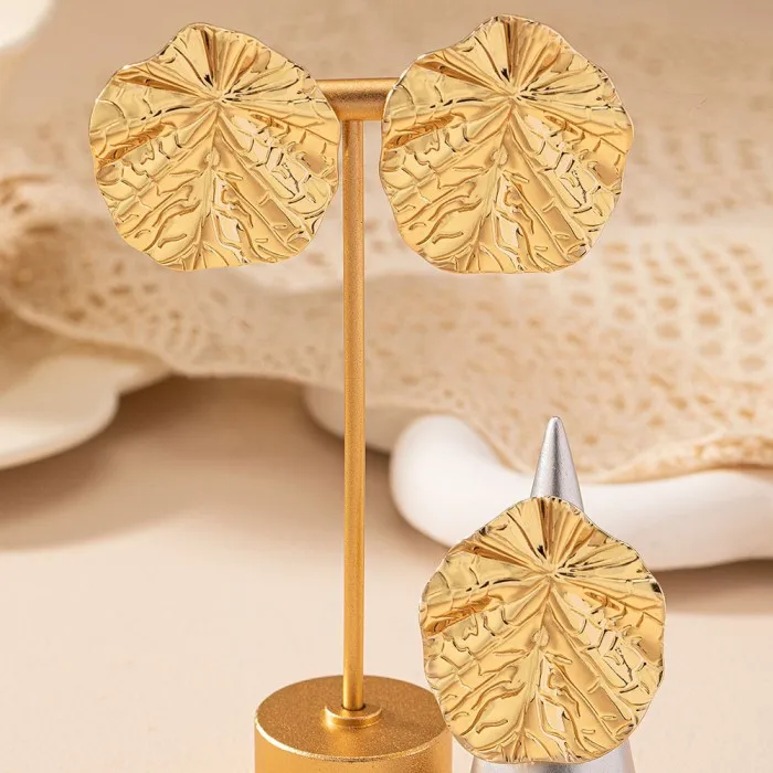 Vintage Lotus Leaf Round Big Earrings ring set For Women new Design Hook Earrings Gold Silver Color Metal Earring Trendy Jewelry