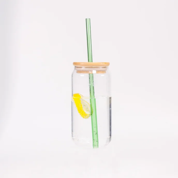 16 oz Beer Can Cola Shape Glass Mason Jar Bottle With Wood Bamboo Acacia Lid And Glass Straw