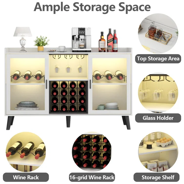 Factory Customized Wine Cabinet with Led Light Home Coffee Cabinet with Wine and Glass Rack
