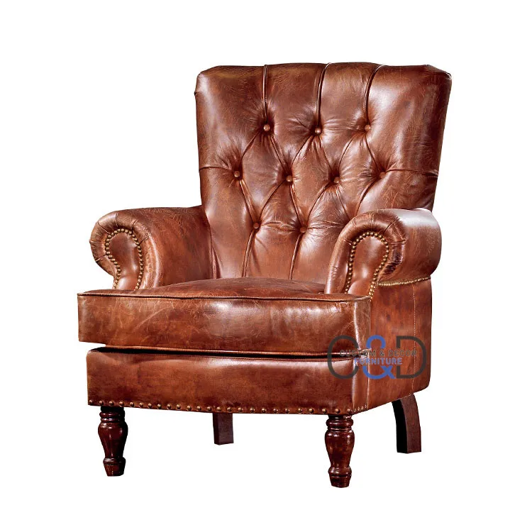 
antique English brown leather accent chesterfield leather wing chair 