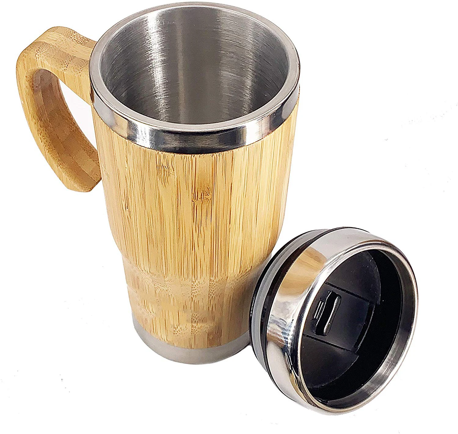 Bamboo Travel Mug with Handle - Leak Proof Lid, Eco-Friendly Tumbler Insulated, Splash Proof Cup for Coffee or Tea. 16 Oz