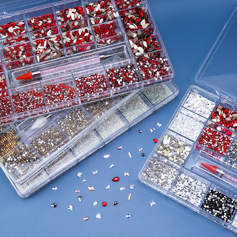 High Quality Different Size Luxury Nails Crystal Stones Charm Decoration 3D Nail Art Rhinestone Set With Point Drill Pen