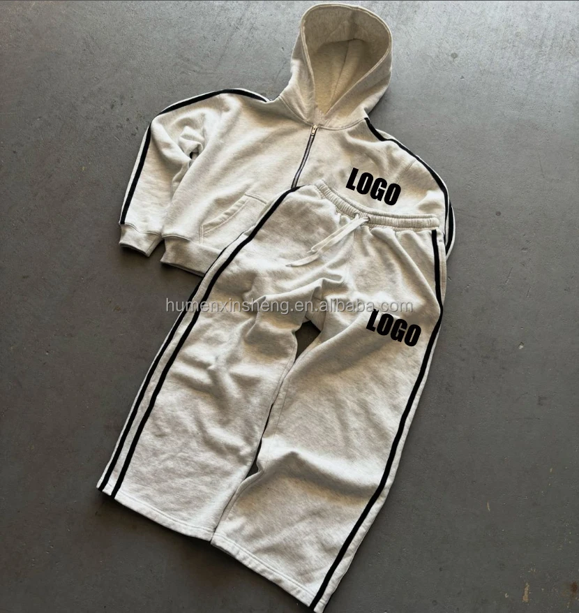 Custom 500gsm 450gsm side stripe blank cropped boxy zip up hoodies and baggy sweatpants set tracksuit sweat suits men