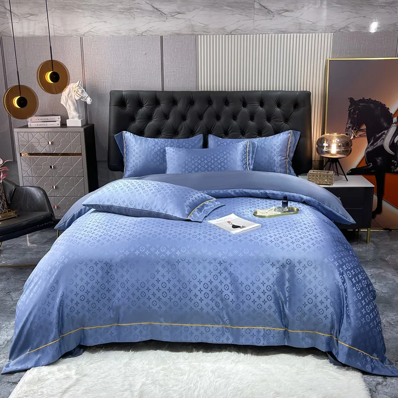 Luxury Summer 60s Satin Jacquard  4pcs Washed Silk Fabric Luxury Duvet Cover Flat Fitted Bed Sheet Bedding Set