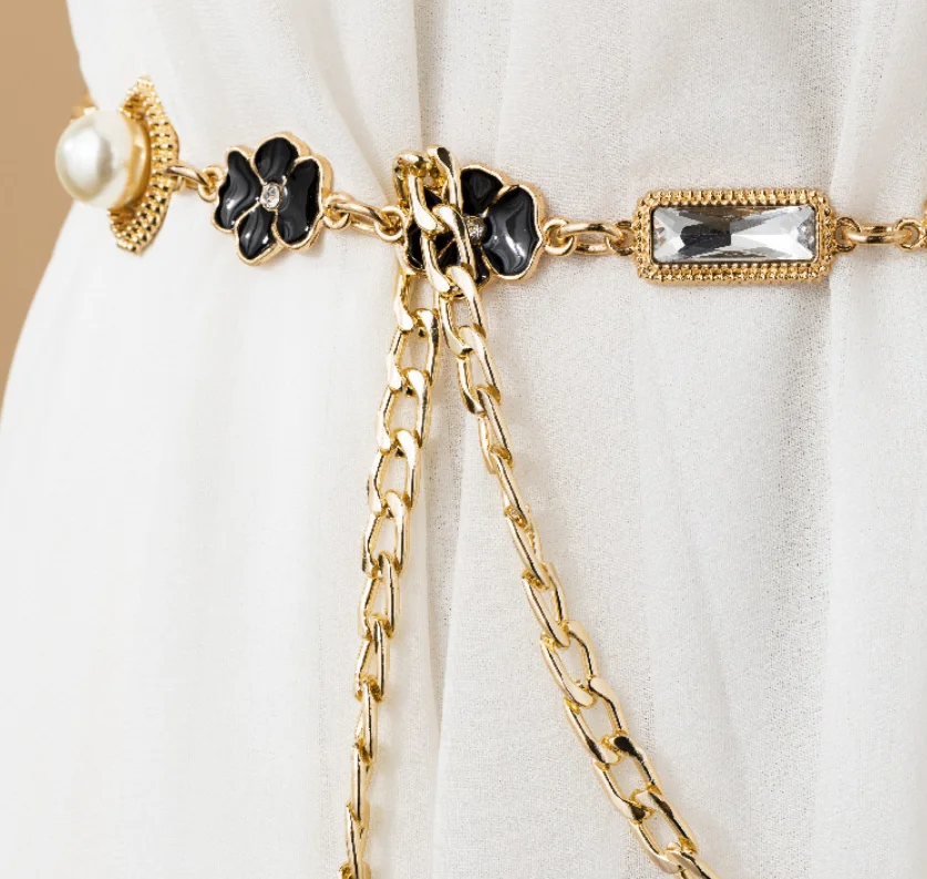 Fashion Women Pearl Flower Dress Metal Chain Waist Belt Dancing