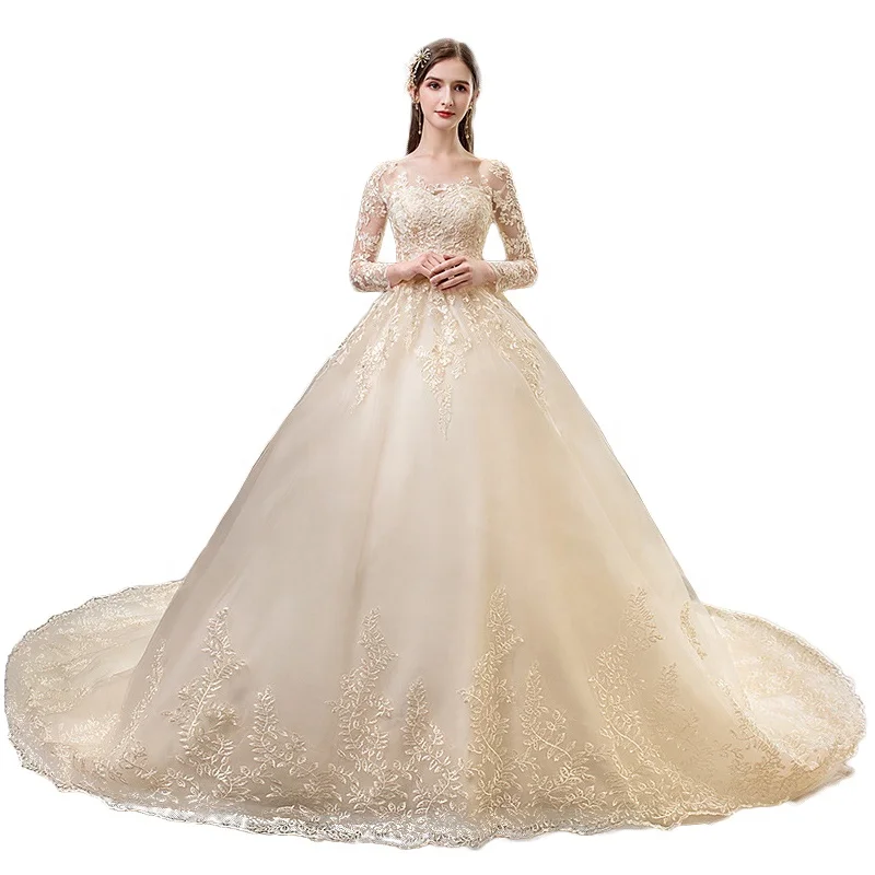 Champagne embroidered Lace Wedding Dress long trailing Bridal Gown Long Sleeve