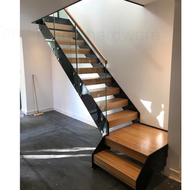 black metal stairs with wood steps double spine steel support straight stair with metal railing