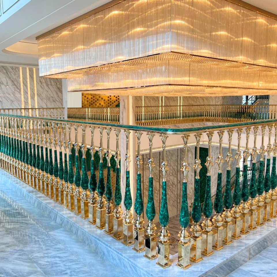 GUCI gold handrail emerald column customize design luxury stair railing brass aluminum stainless steel painted