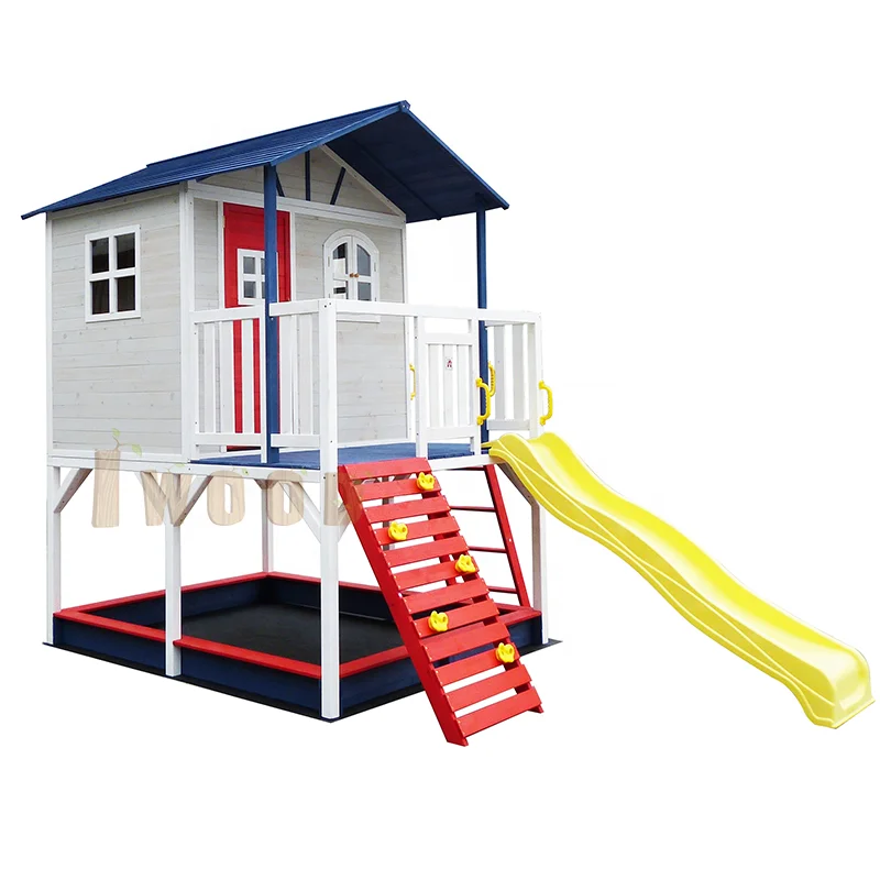 Solid wood playhouse cubbyhouse with slide and climbing ladder and  huge sand box 250*300*300cm