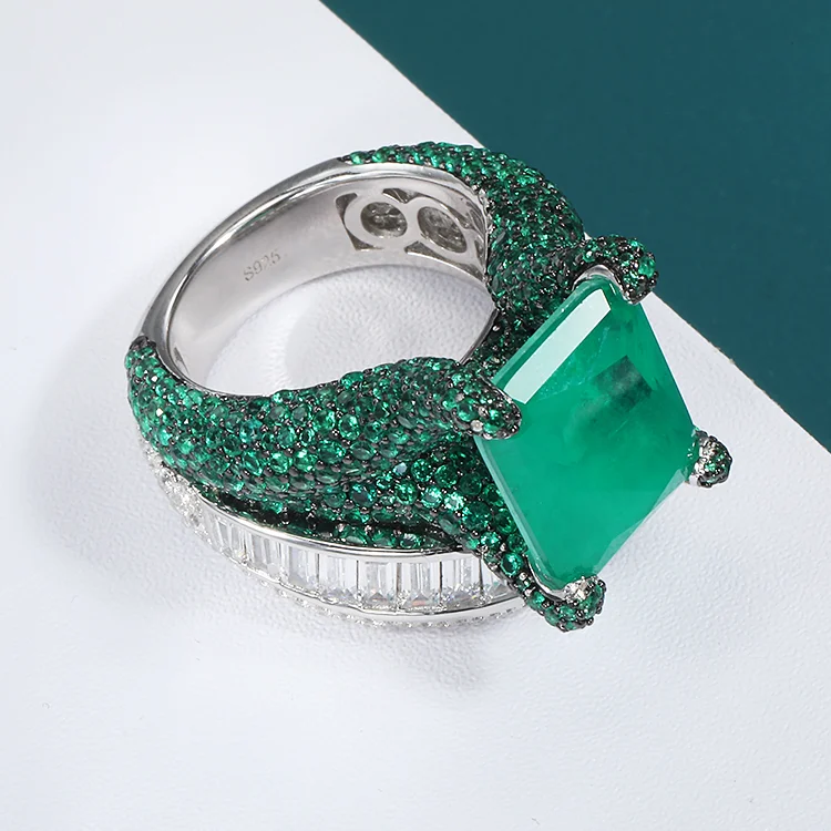 Luxury S925 Sterling Silver Emerald Ring Jewelry Full Cubic Zirconia Big Green Stone Rings Turkish Jewelry Set