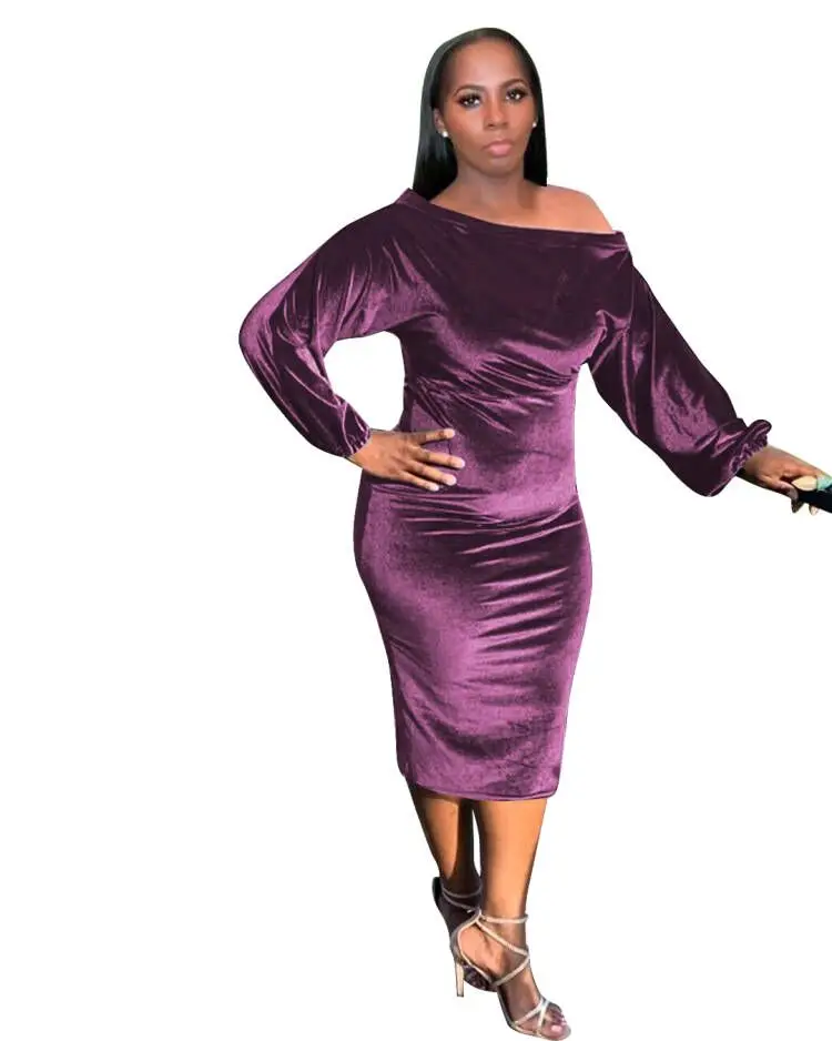 Women Club Casual Dress Autumn Winter Dress Lady Elegant Long Sleeves Slash Neck Velvet Evening Party Dresses Knee Length 2022